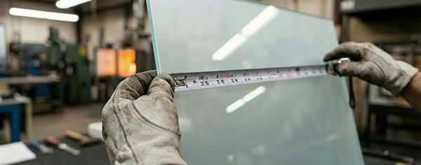 Gloved hands measuring a large frosted glass sheet with a tape measure in a workshop.