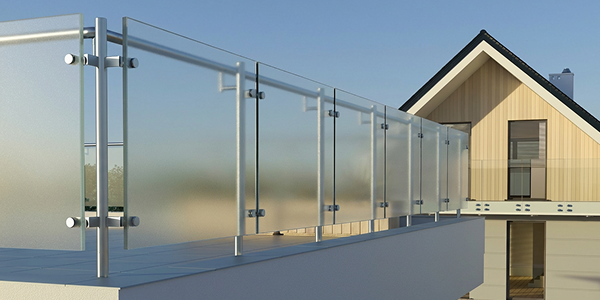 Modern balcony railing made with frosted tempered glass on a contemporary house
