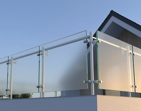 Balcony railing with frosted glass panels on a modern building