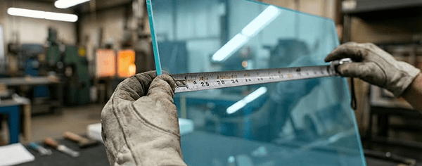 Gloved hands measuring blue tempered glass sheet with a ruler in a workshop.