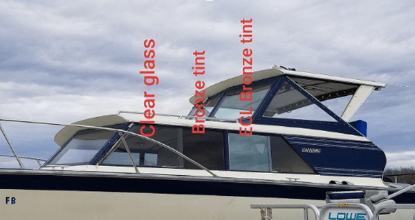 Boat windows showcasing clear and bronze tinted tempered glass options for high-quality custom cut precision.