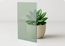 Green tinted tempered glass sample showcasing a subtle hue and custom cut precision against a small plant.