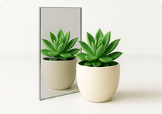 Reflective bronze tempered glass sample showcasing custom cut precision and a mirror finish next to a plant.