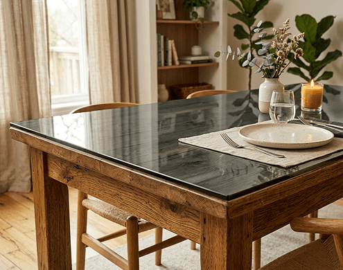Elegant wooden dining table topped with ECL grey tempered glass for a sleek look.