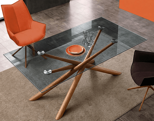 Modern dining table featuring ECL grey tempered glass top with stylish wooden legs.