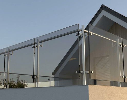 Modern balcony railing with ECL tinted grey glass panels for contemporary homes.