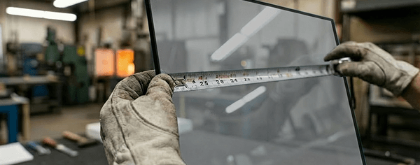 Gloved hands measuring ECL tinted grey glass cut to size with a ruler in a workshop.
