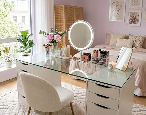 Glass top for dresser with lighted mirror and beauty products on white Alex drawers