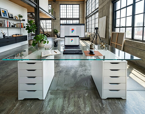 Best glass table tops for Alex drawers on large modern glass desk in industrial office