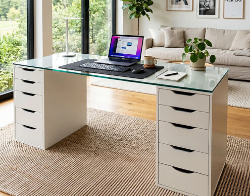 Glass top for Alex desk with laptop setup in bright modern home office