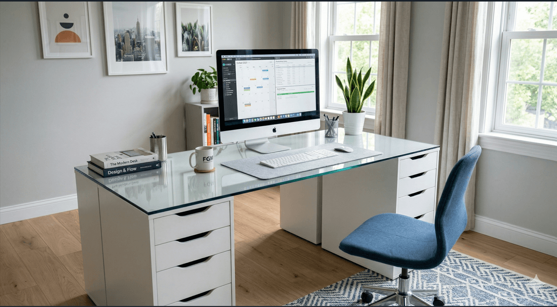 Glass top for Alex drawers on modern glass desk with dual monitors in bright high-rise office