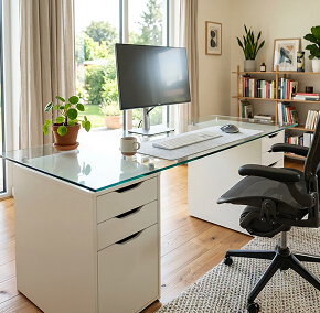 Glass top for Alex desk in bright modern office with dual white Alex drawers