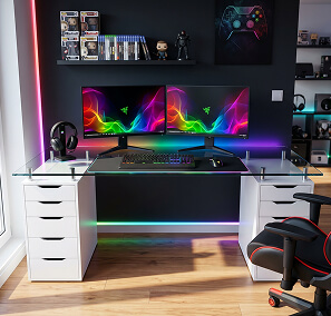 Glass table top for Alex drawers on RGB gaming desk with dual monitors