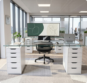 Glass top for Alex drawers on stylish home office desk with clear glass tabletop