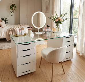 Glass top for Alex drawers on elegant white vanity desk with lighted mirror