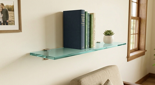Modern floating shelf made of green tempered tint glass holding books and decorative items on wall