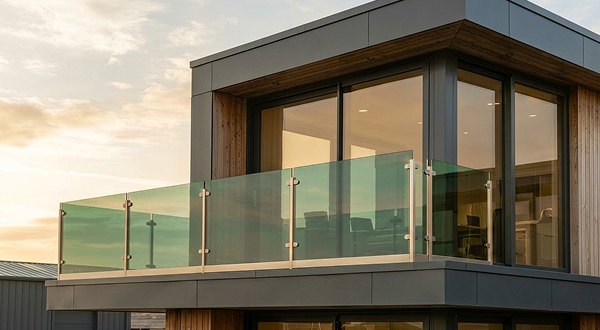 Sleek glass with green tint balcony railing on contemporary building with wooden accents