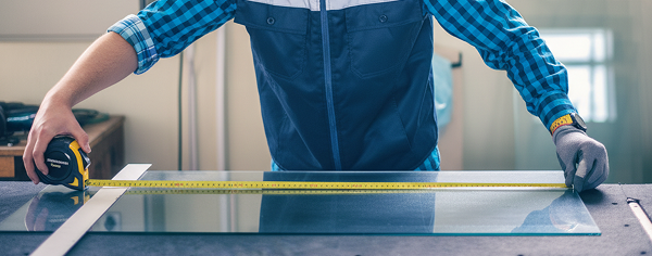 Skilled worker accurately measuring large green glass sheet with tape measure in workshop