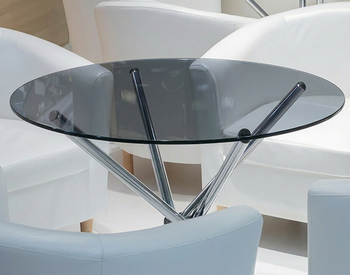 Elegant dining table made with graylite ii glass top and wooden base