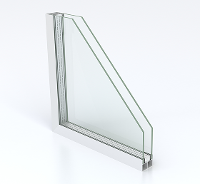 Insulated double-pane glass panel with angled edge and metal spacer frame.