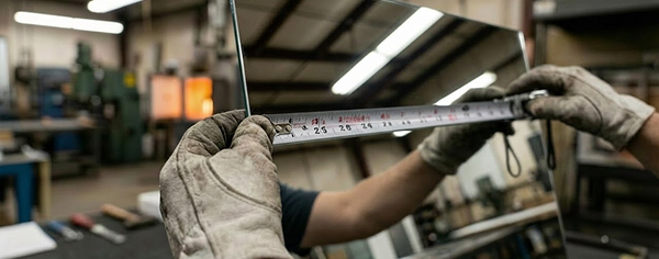 Gloved hands precisely measuring a large Mirrorpane tempered glass sheet with a metal ruler in a workshop.
