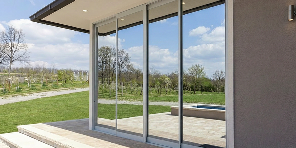 Modern home with large Mirrorpane tempered glass sliding doors opening to a sunny green lawn and pool area