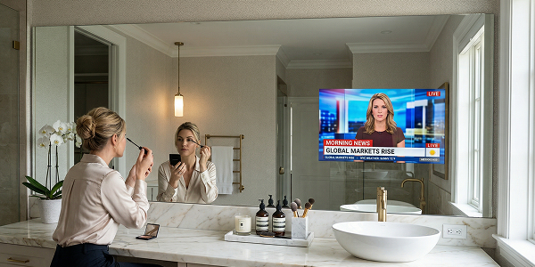 Woman applying makeup while looking at her reflection in a large Mirrorpane tempered glass bathroom mirror