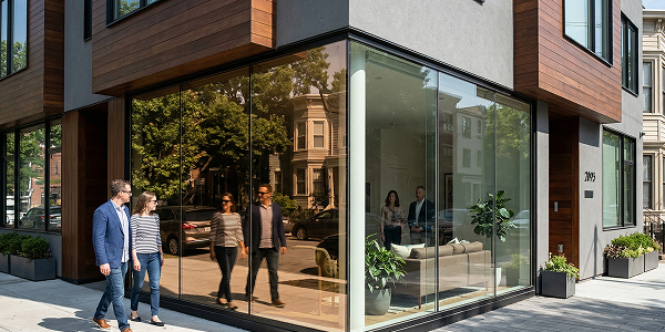 Pedestrians walking past a modern commercial building with sleek floor-to-ceiling Mirrorpane tempered glass windows