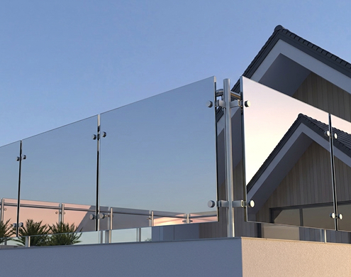 Modern balcony with sleek Mirrorpane tempered glass panels installed as a transparent safety railing.