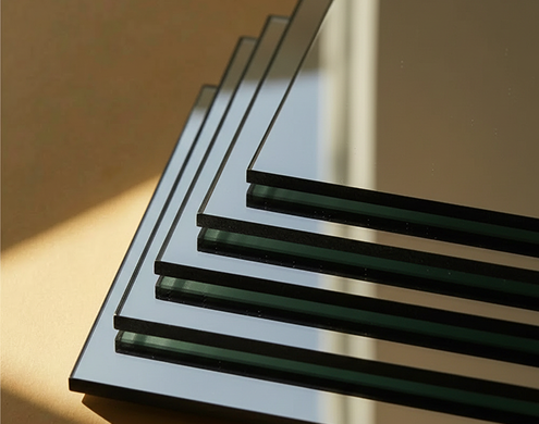 Stack of sleek Mirrorpane tempered glass panels with clean edges catching sunlight