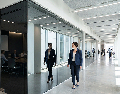 Businesswoman walking past large Mirrorpane tempered glass walls and reflections in a modern office