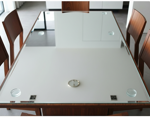 Elegant dining table featuring a large Mirrorpane tempered glass tabletop with smooth reflective surface.