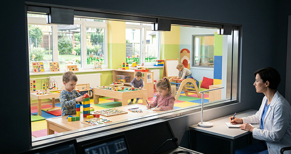 Children playing with toys viewed through a large Mirrorpane tempered glass observation window in a classroom.