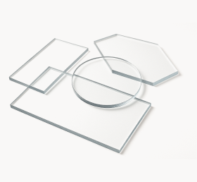 Various glass shapes including round, square, and hexagonal clear glass pieces.