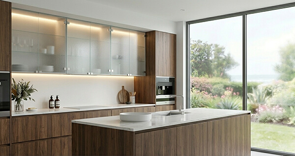 Modern kitchen with elegant Spraylite Tempered Glass cabinet doors and bright island