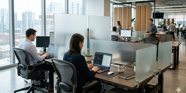 Modern office with Spraylite tempered glass cut to size dividers between workstations