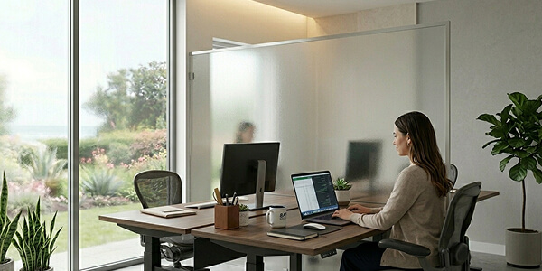 Woman working at desk behind Spraylite tempered glass cut to size privacy screen.