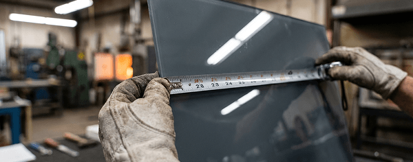 Worker carefully measuring super grey tempered glass price with a tape in an industrial workshop.