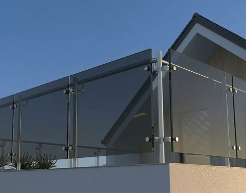 Modern balcony with super grey toughened glass railing and stainless steel fittings.