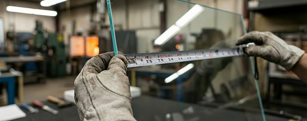 Gloved hands measuring ultra clear tempered glass sheet with a ruler in a factory workshop.