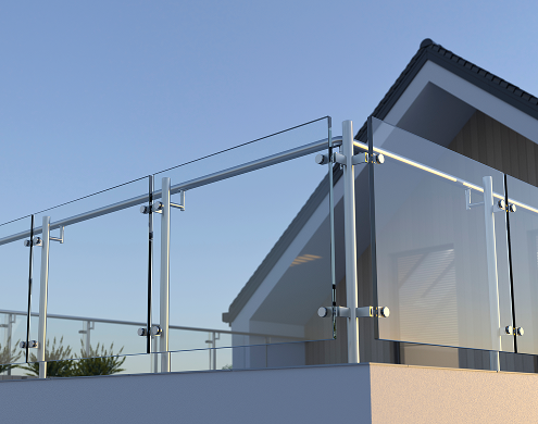 Modern balcony railing with Ultra Clear tempered glass panels for ultra clear view