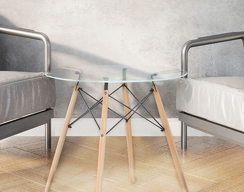 Modern round side table featuring Ultra Clear tempered glass for maximum light transmission