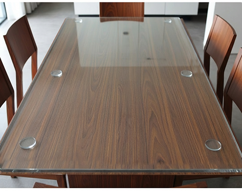 Elegant dining table with Ultra Clear tempered glass top offering crystal clear finish