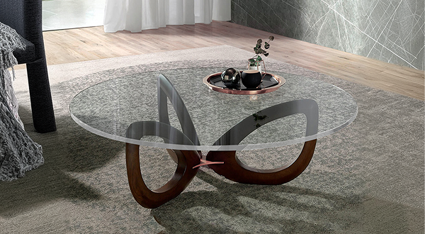 Modern oval coffee table with Ultra Clear tempered glass top and unique wooden base.