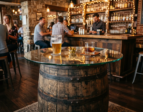 Round wine barrel glass top table used as a high-top at a rustic bar