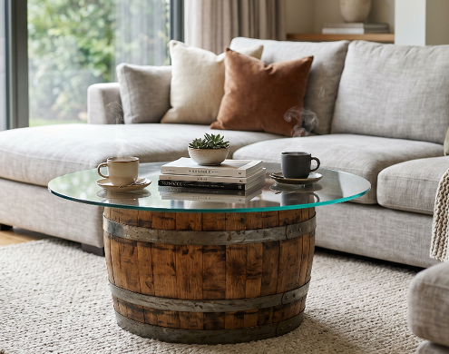 Round glass top for wine barrel coffee table styled in a bright modern living room