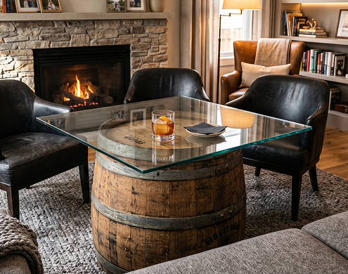 Large square glass top for wine barrel table in a cozy living room with fireplace