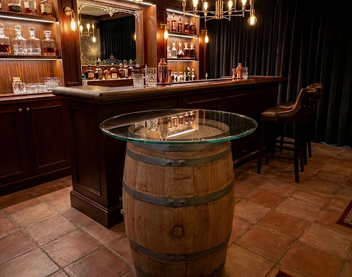 Sophisticated round glass top for wine barrel table in a luxurious home bar