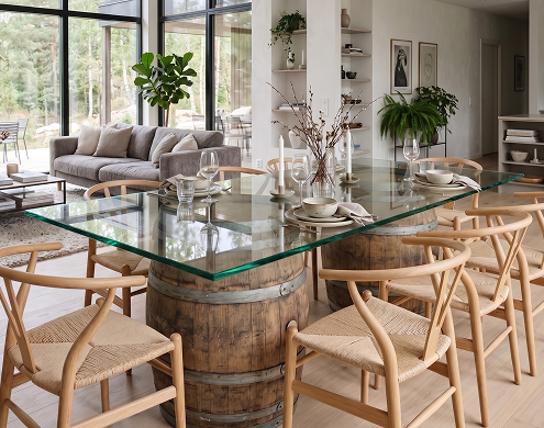 Stylish glass top for wine barrel table displayed in a modern clothing boutique