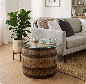 Round glass top for wine barrel coffee table in a bright modern living room with sofa and plants